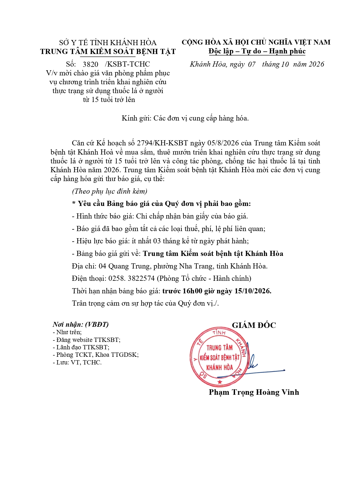 V/v mời chào giá văn phòng phẩm phục vụ chương trình triển khai nghiên cứu thực trạng sử dụng thuốc lá ở người từ 15 tuổi trở lên